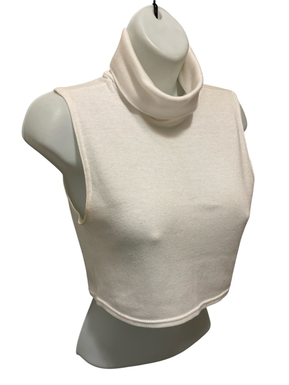 VTG White Stag Cropped Winter White Knit Turtleneck Top Sz S/M Sleeveless